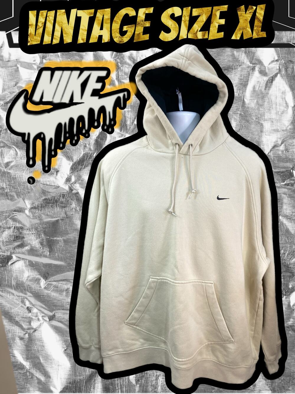 Vintage Y2K Nike Creme Hoodie Grey Tag Men’s Size XL Black Small Embroidered